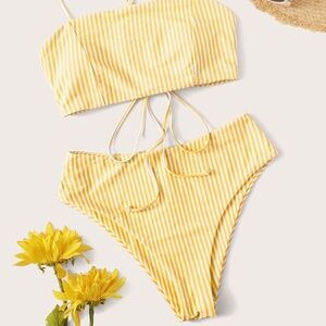 Yellow White Striped Criss Cross Strap Lace Up Back Top High Waist Bikini Set